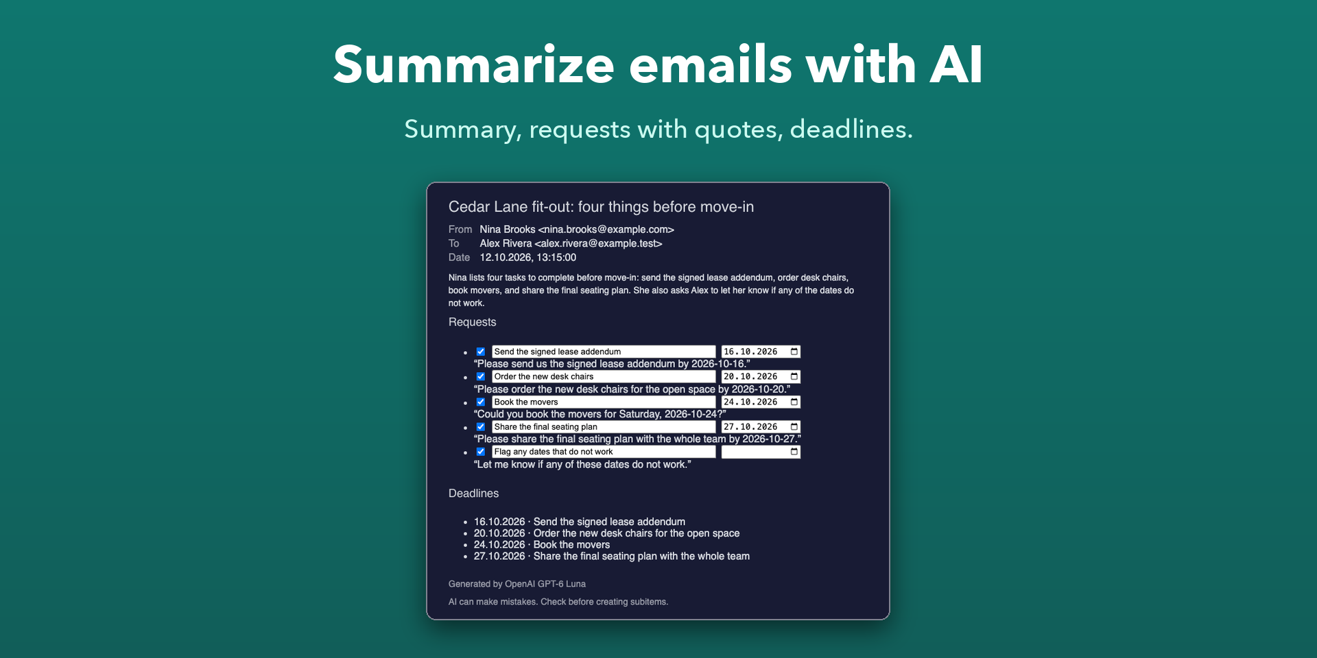 Example Email Viewer AI summary with requests and deadlines