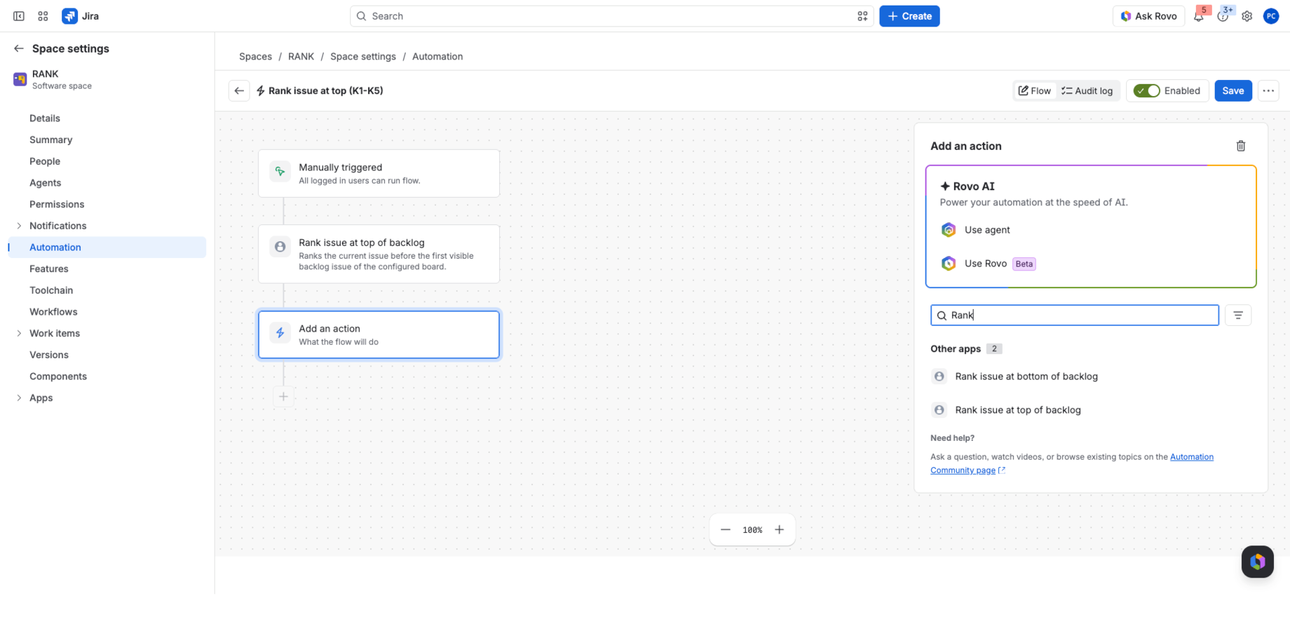 Jira Automation flow editor with the Rank issue at top of backlog and Rank issue at bottom of backlog actions in the action list