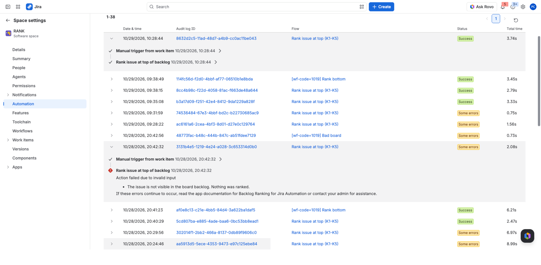 Rule audit log with successful runs and an expanded error message
