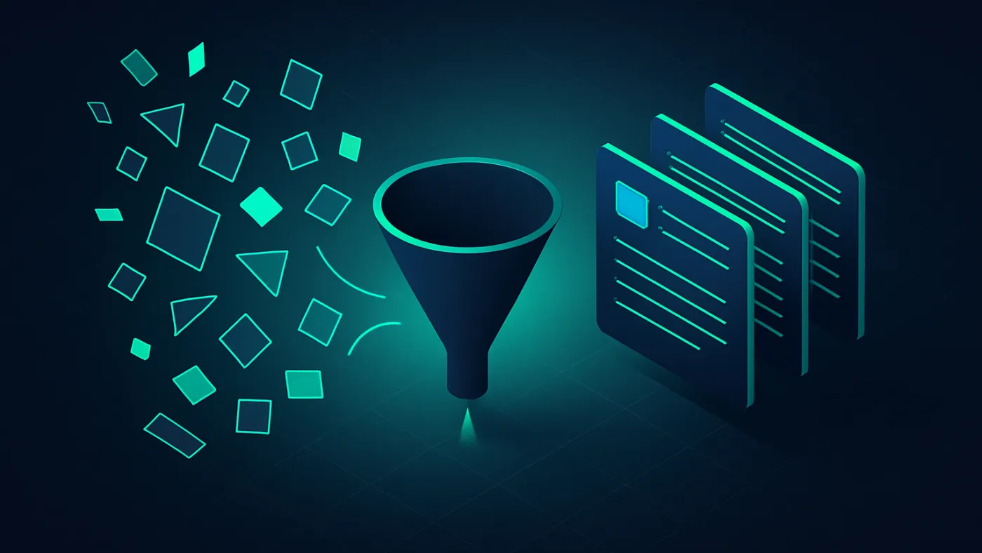 AI data extraction visual with messy source records transformed into structured field cards