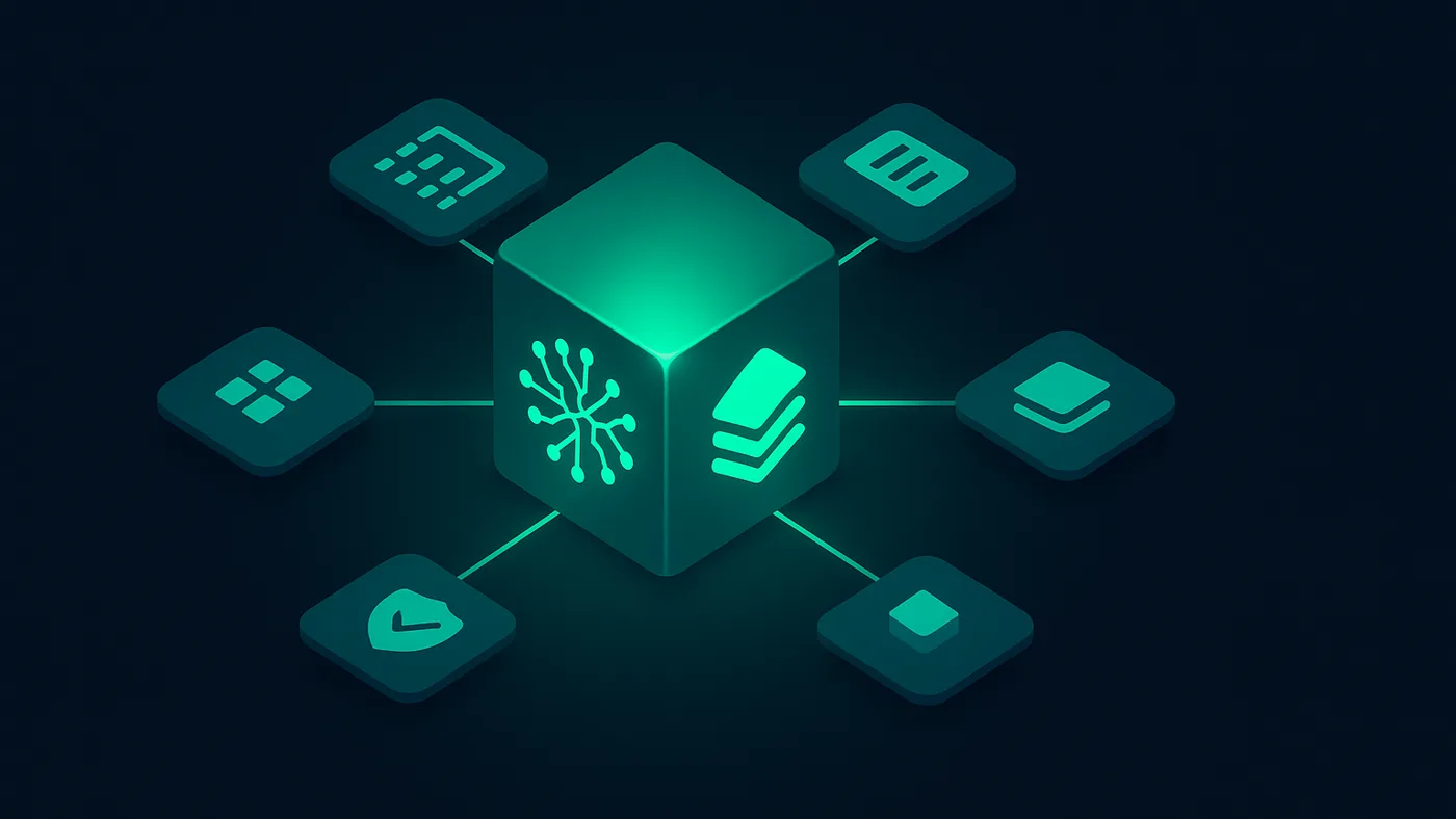 AI Engineering service visual with workflow inputs, review gates, and production output trays