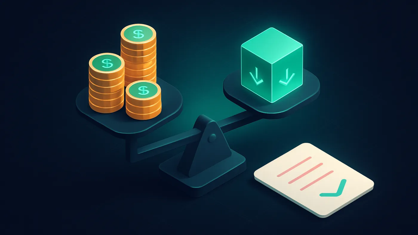 AI implementation ROI review visual with assumption cards, cost counters, and decision memo