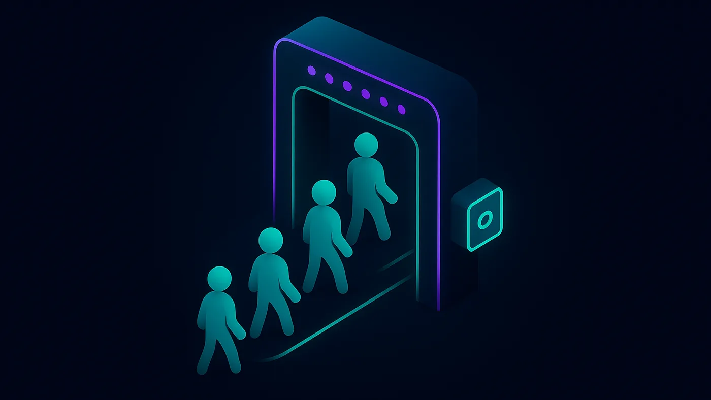 AI people counting visual with a gate archway and a flowing line of silhouette figures tallied as they pass through