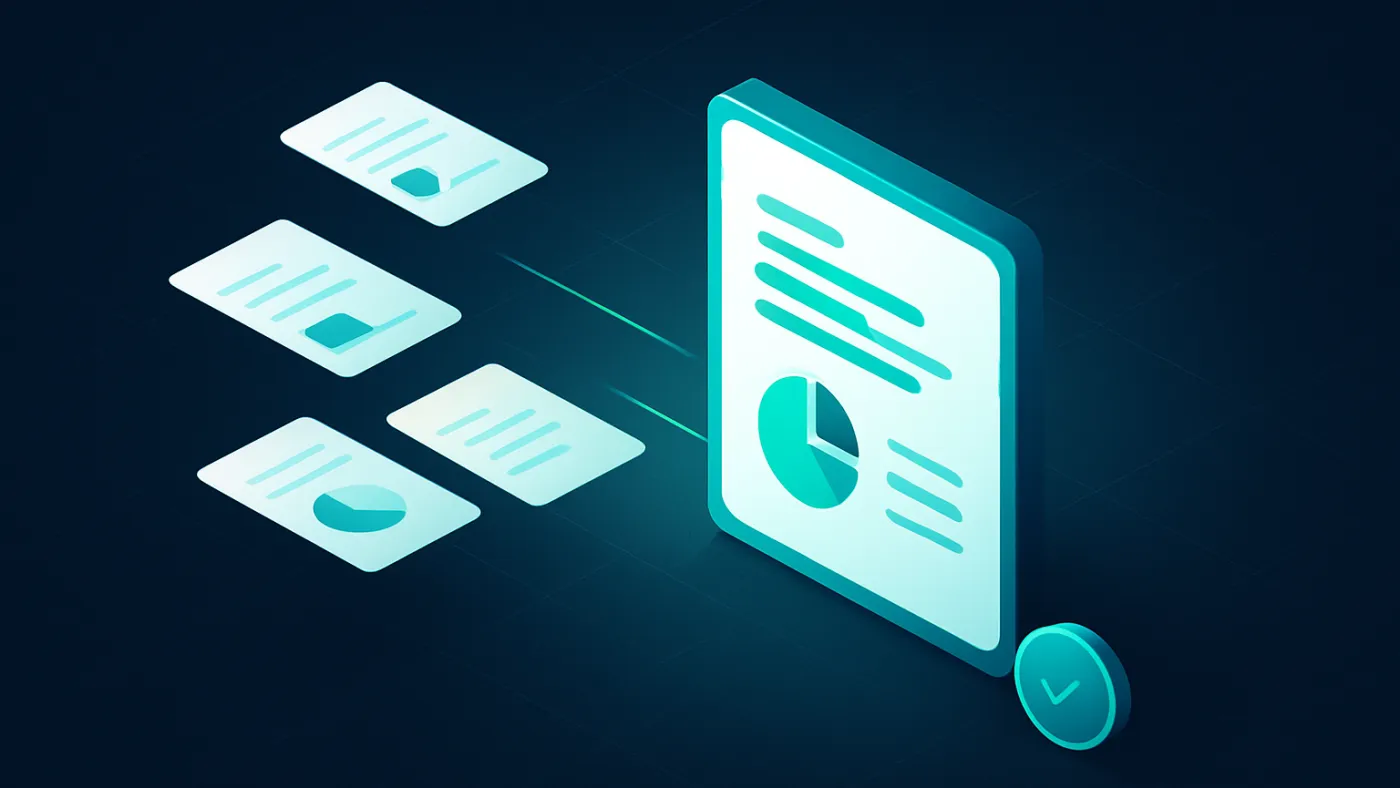 AI reporting automation visual with source sheets, report binders, and review checklist
