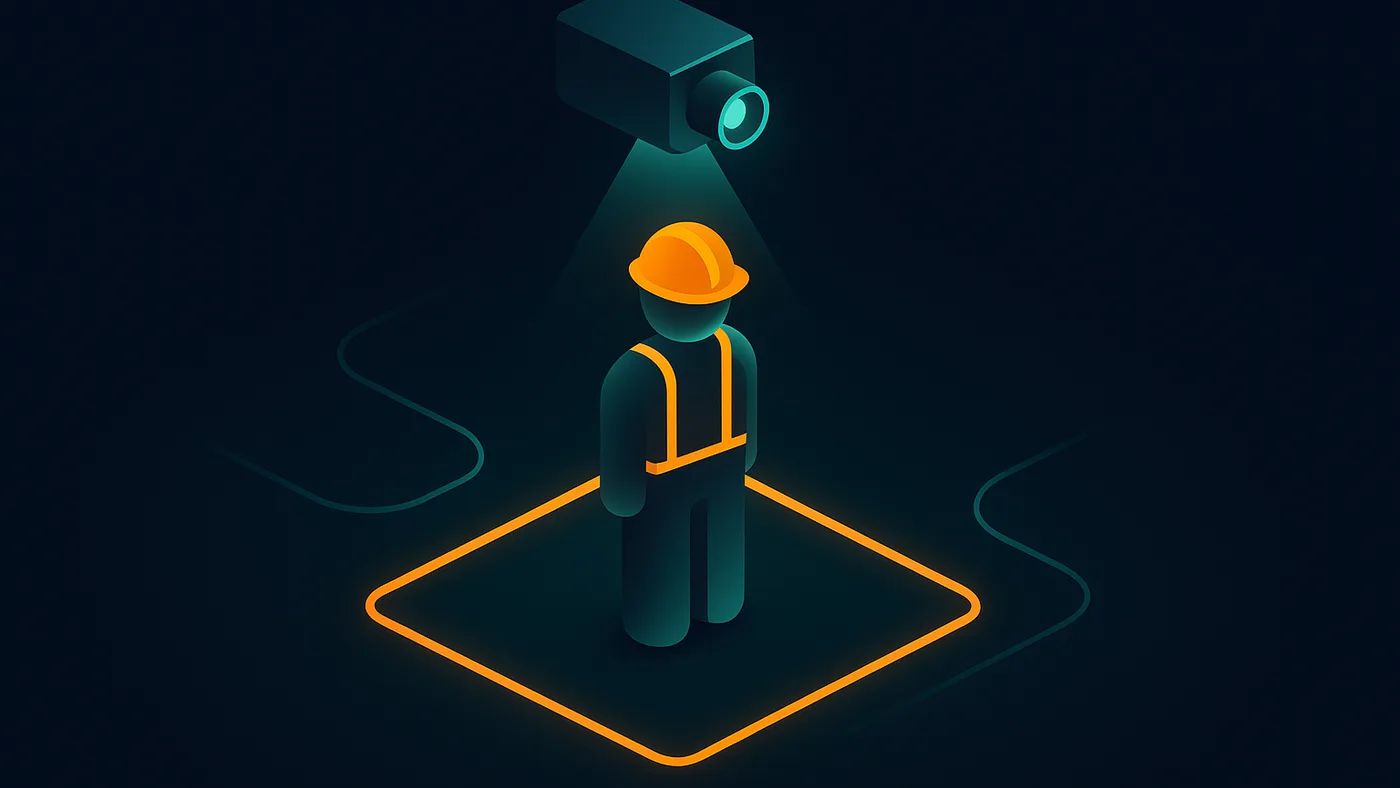 AI safety monitoring visual with a worker silhouette in PPE standing inside a monitored floor safety zone under a camera