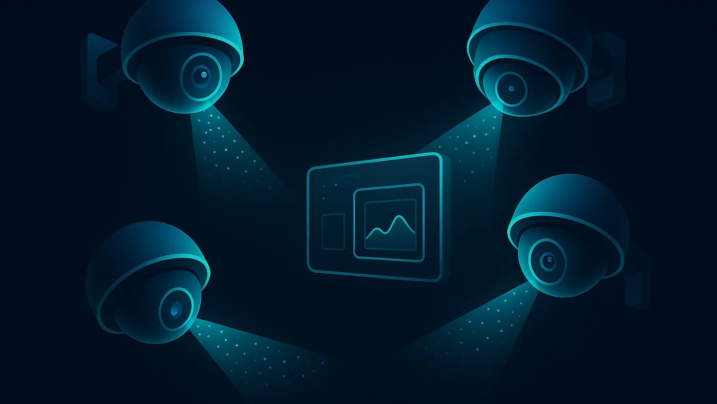 AI video analytics visual with multiple security cameras streaming video into a central analytics panel showing detection outlines