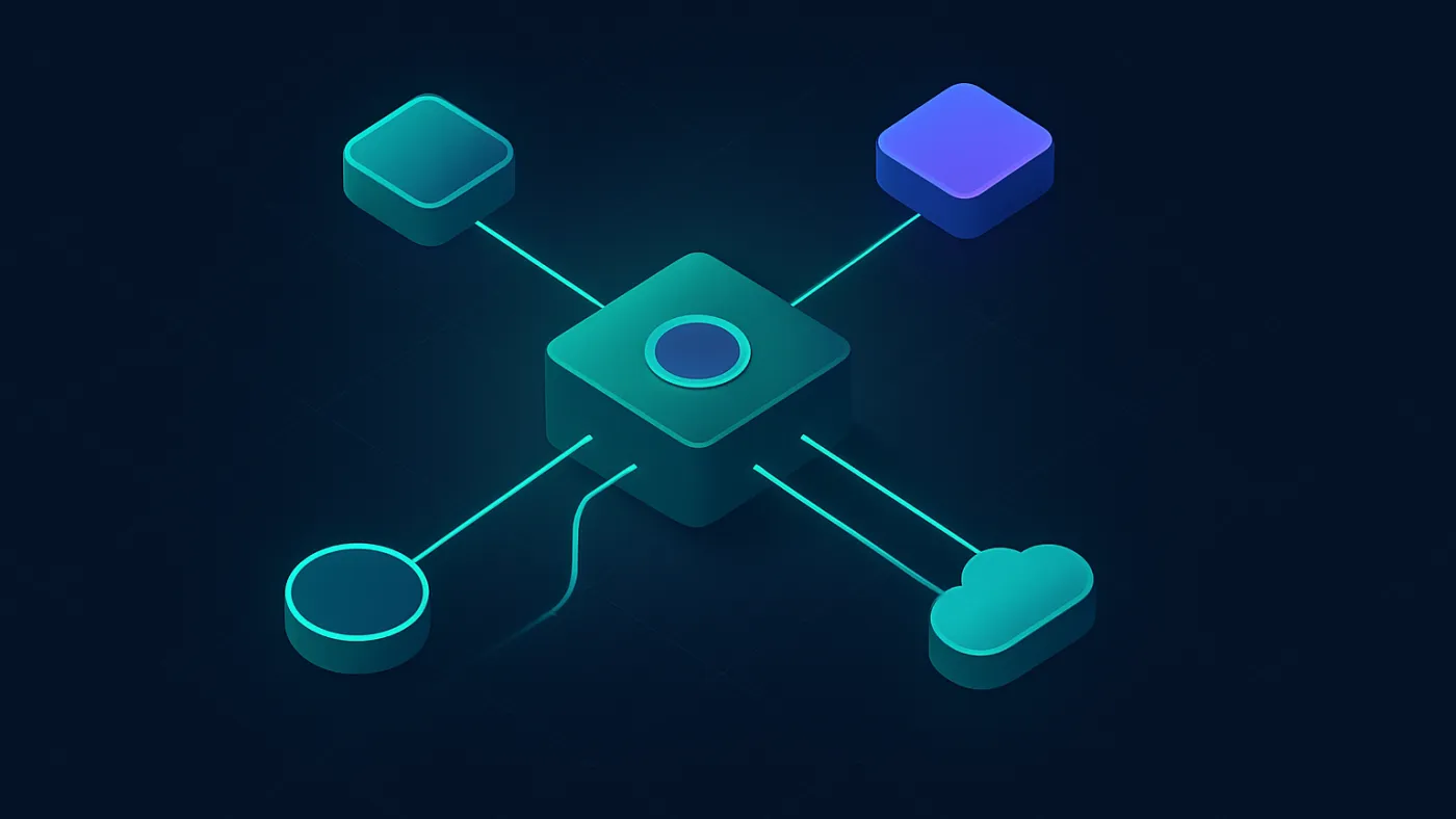 API integration service visual with endpoint blocks, fiber cables, retry queue, and error tray