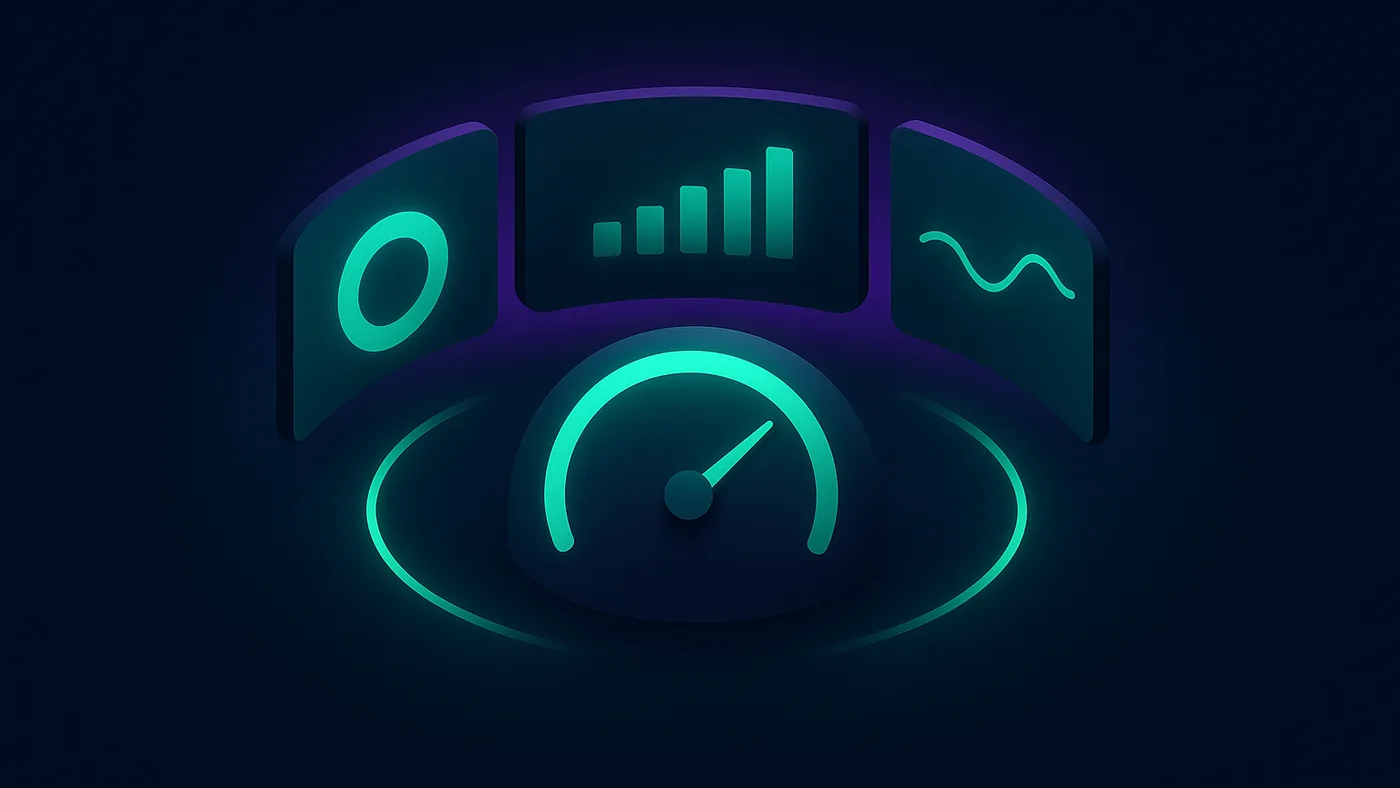 BI analytics visual with a cockpit-style wall of dashboard panels showing a ring chart, bar cluster, wave line, and gauge dial