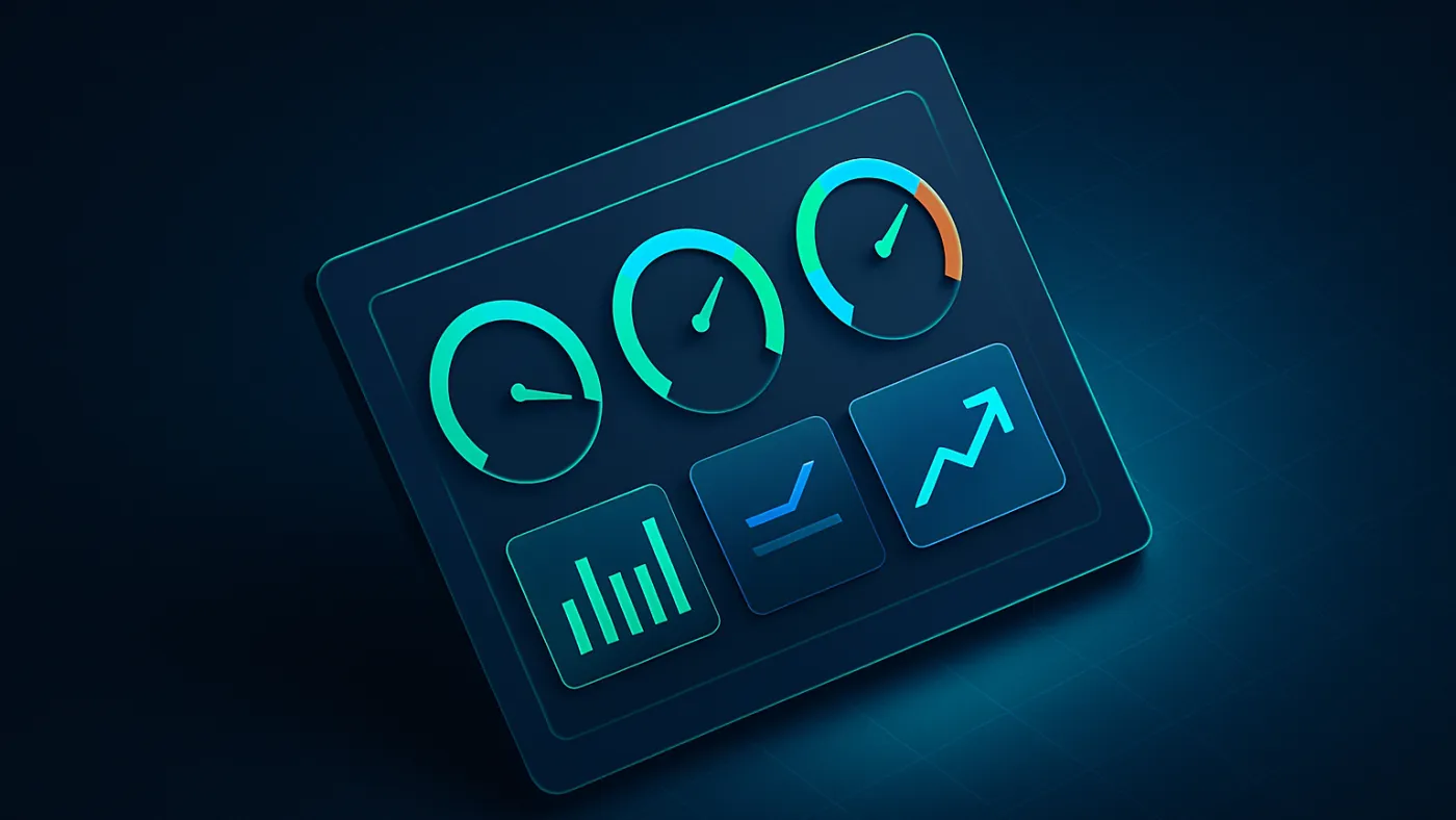 Business dashboard development visual with KPI panels, metric definitions, and data-source cards