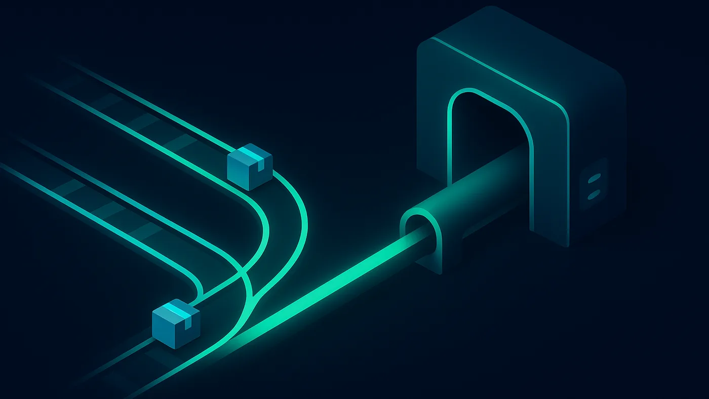 CI/CD pipeline setup visual with two code-branch rail tracks merging through a switch point into one release pipeline
