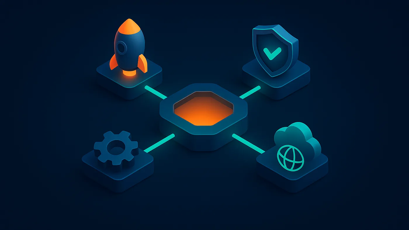 DevOps hub visual with a central platform radiating spokes toward release, automation, security, and deployment icons