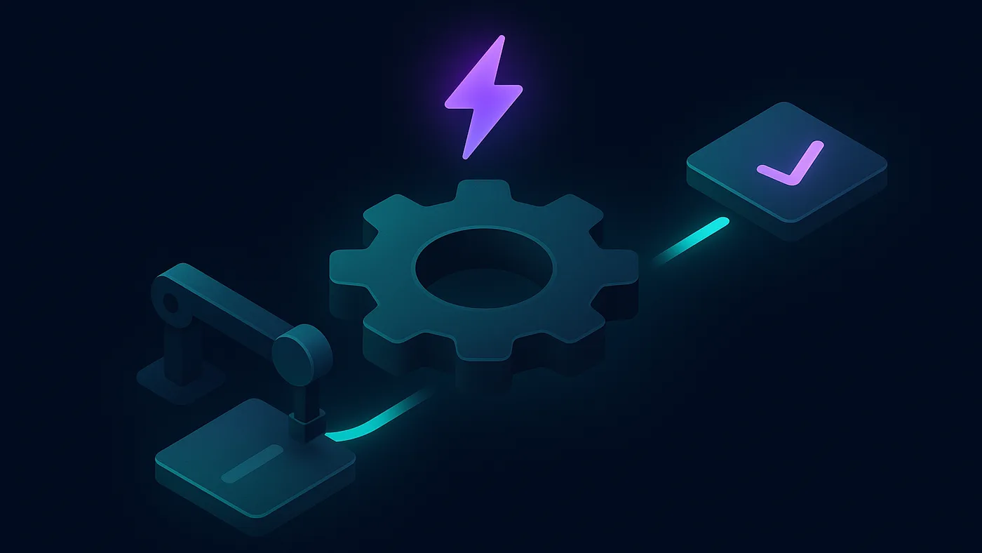 GitHub Actions setup visual with a turning gear mechanism triggered by a bolt icon, stamping task cards with checkmarks