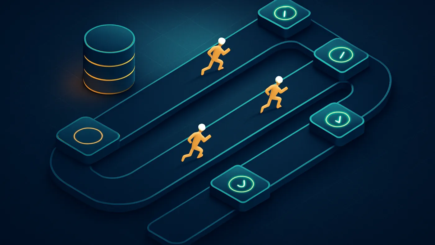 GitHub Actions setup visual with repository workflow lanes, runner tokens, and checkmark stamps