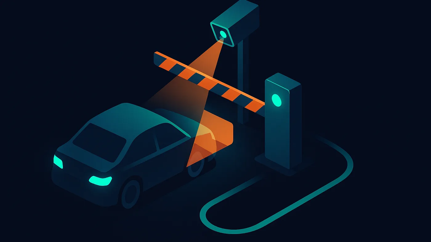 License plate recognition visual with a vehicle scanned by a camera at a checkpoint barrier gate