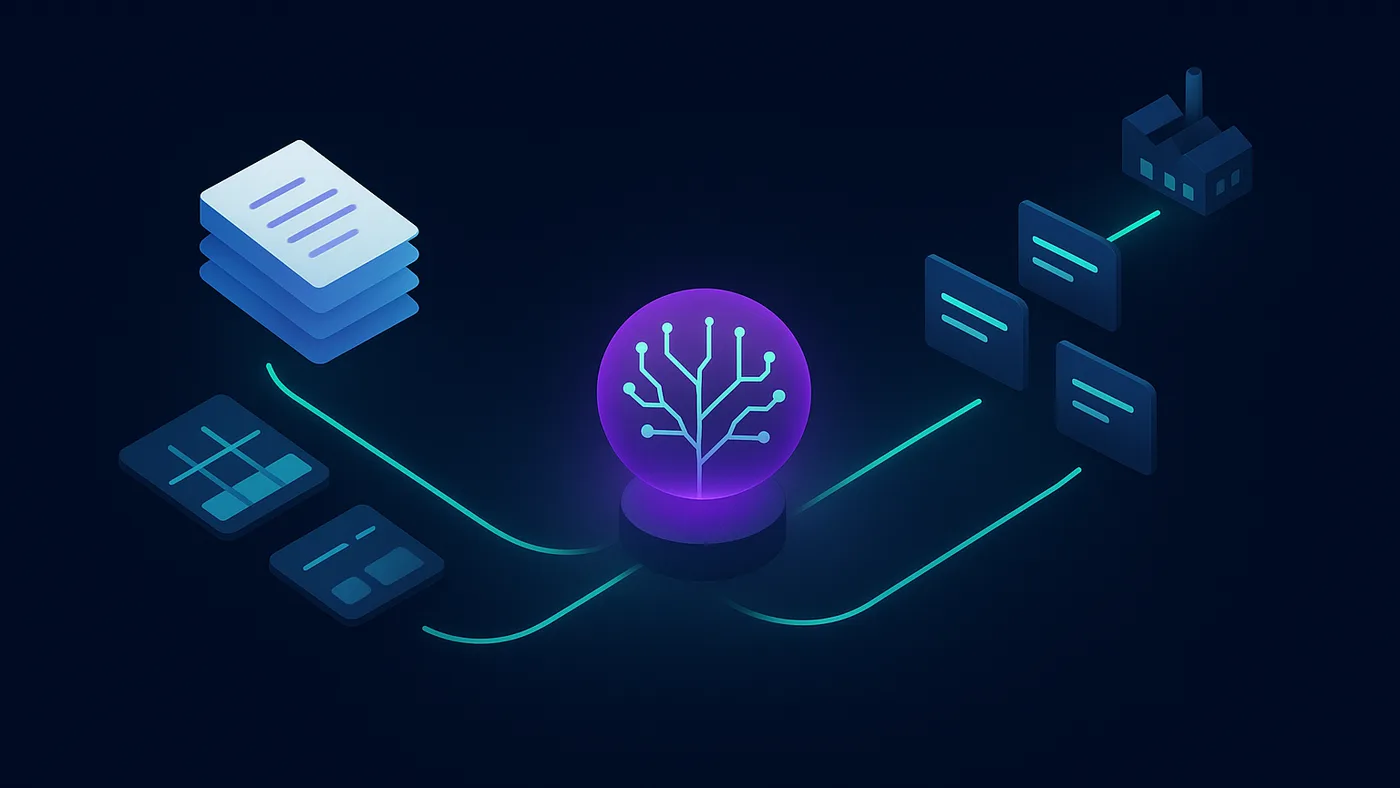 Manufacturing AI automation visual with documents and data tables flowing into an AI hub that outputs task cards toward the factory floor