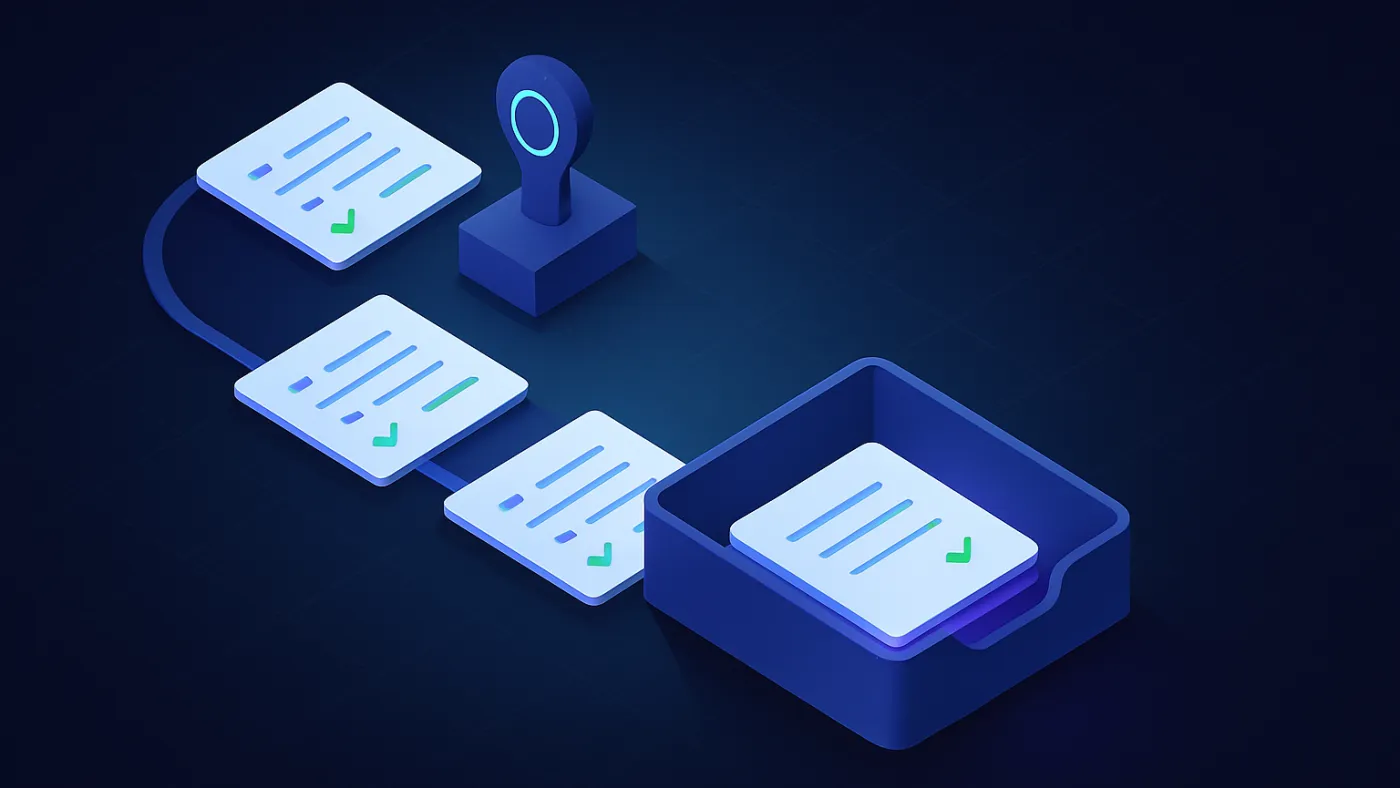 Outsourced development support visual with scoped task cards, review stamps, and verified queue