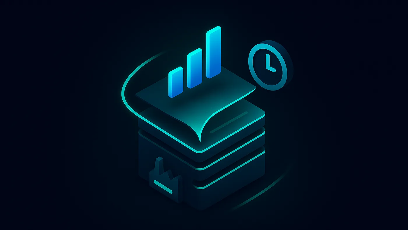 Production data analytics visual with a stack of report binders rising from the factory floor into a periodic bar chart