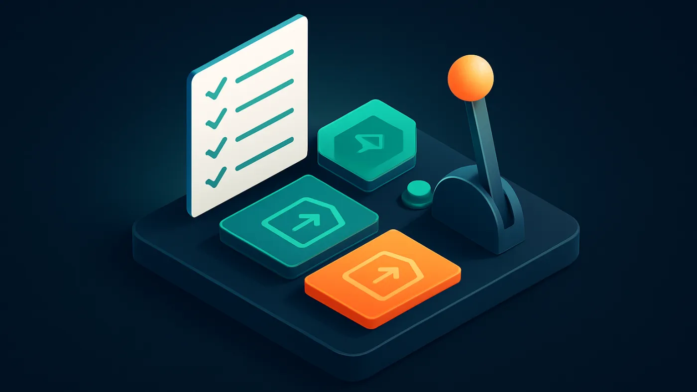 Production release process visual with checklist, environment cards, smoke-test tokens, and rollback lever