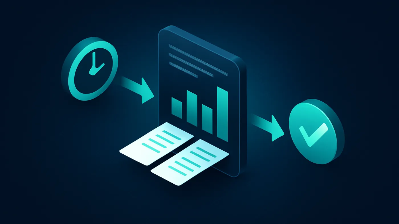 Automated reporting workflow visual with scheduled data intake, report assembly, and manager review output