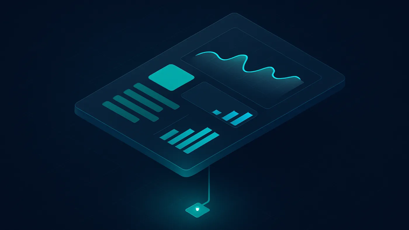 BI analytics dashboard proof visual with KPI panels, chart canvas, and data model controls