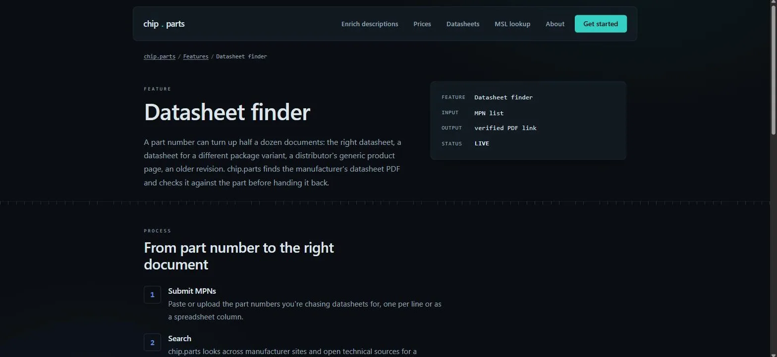 chip.parts datasheet finder page: an MPN list goes in, a verified datasheet PDF link comes back, with the lookup steps below