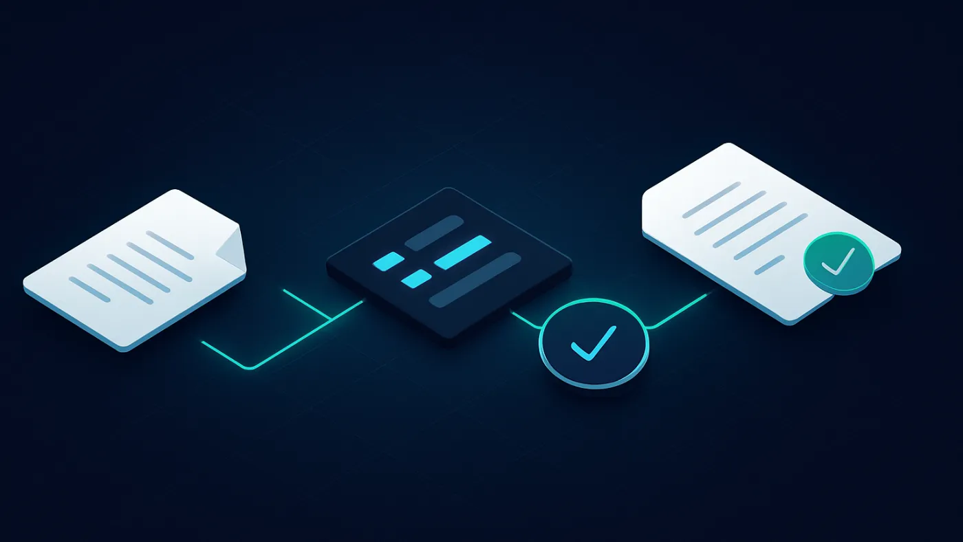 Document workflow automation visual with Word files, extraction fields, review gate, and approved output