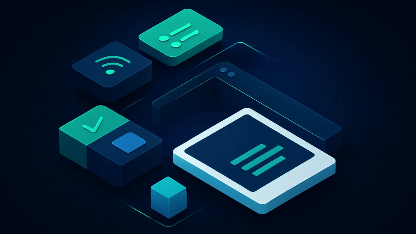 Software development service visual with modular business software blocks and data contracts