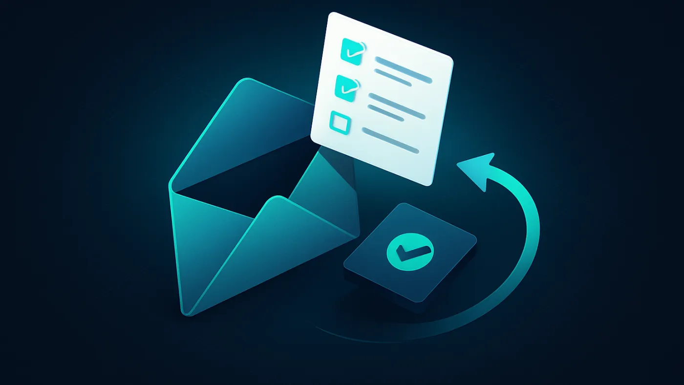 Task review contact visual with intake packet, checklist, and reply envelope